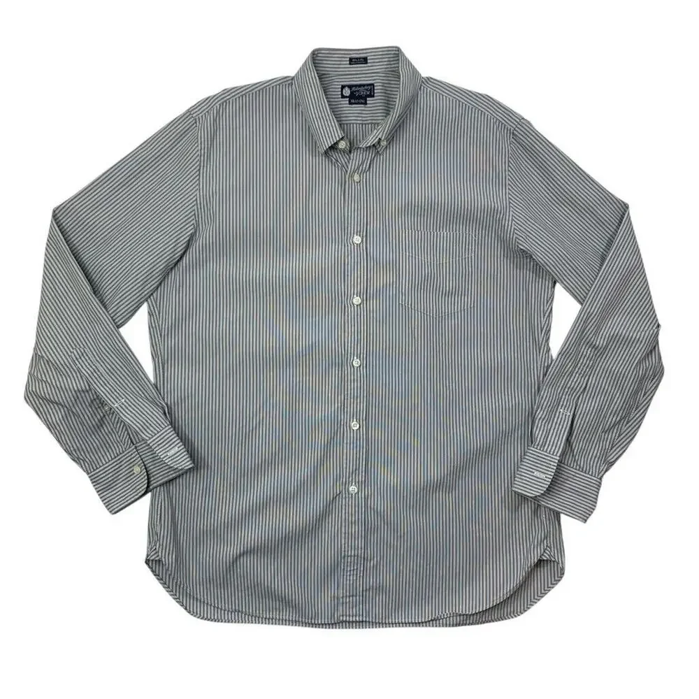 J Crew Shirt Mens XL Gray White Cotton 80s 2Ply Haberdashery Striped Button Down
